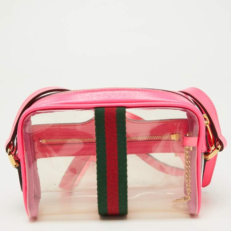 Pre Owned Gucci Neon Pink Leather and PVC Mini Ophidia Crossbody Bag