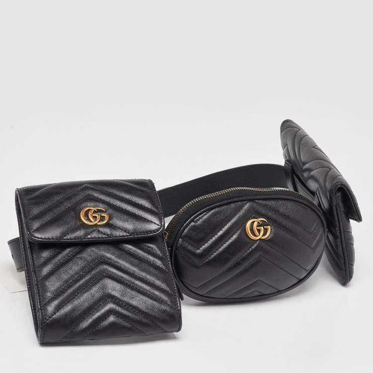 Pre Owned Gucci Black Matelassé Leather GG Marmont 2.0 Multi Belt Bag
