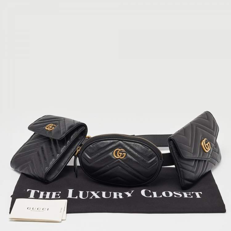 Pre Owned Gucci Black Matelassé Leather GG Marmont 2.0 Multi Belt Bag