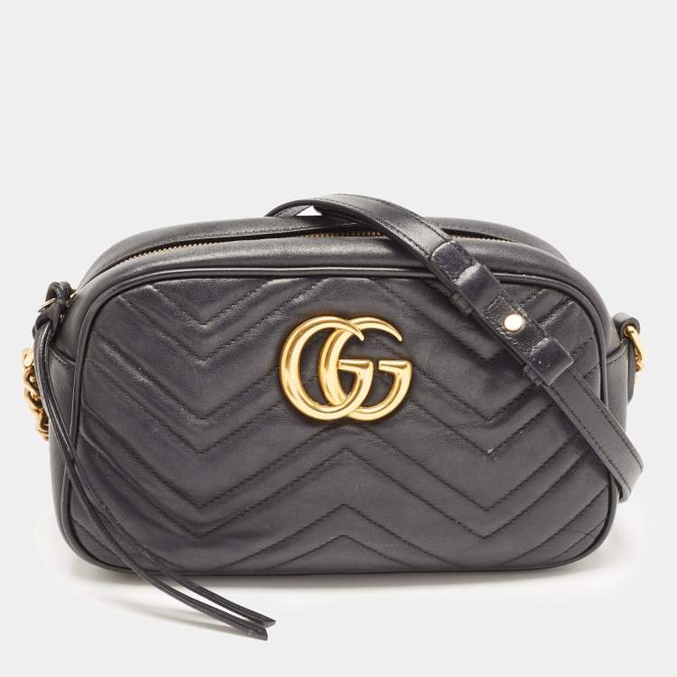 Pre Owned Gucci Black Matelassé Leather Small GG Marmont Camera Bag