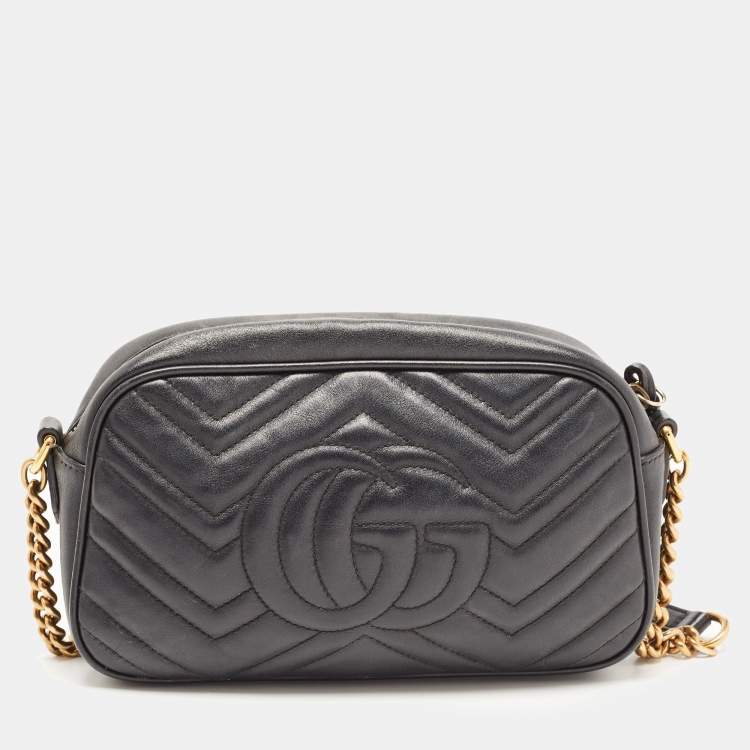 Pre Owned Gucci Black Matelassé Leather Small GG Marmont Camera Bag