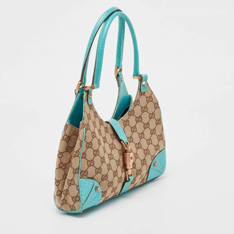 Pre Owned Gucci Beige/Turquoise GG Canvas and Leather Jackie O Hobo