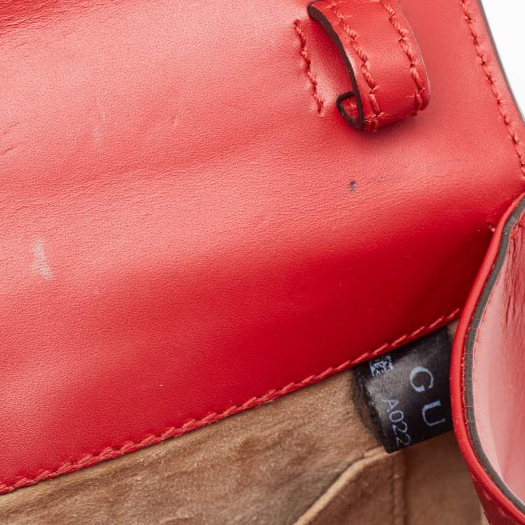 Pre Owned Gucci Red Leather Mini Web Chain Sylvie Top Handle Bag
