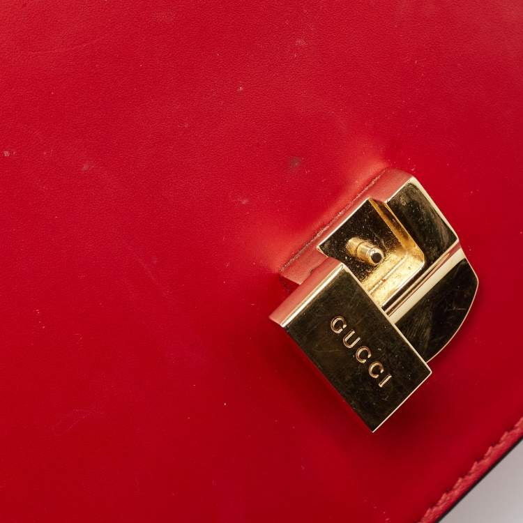 Pre Owned Gucci Red Leather Mini Web Chain Sylvie Top Handle Bag