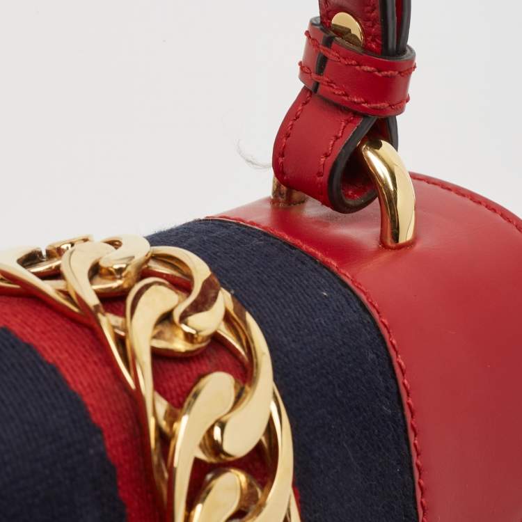 Pre Owned Gucci Red Leather Mini Web Chain Sylvie Top Handle Bag