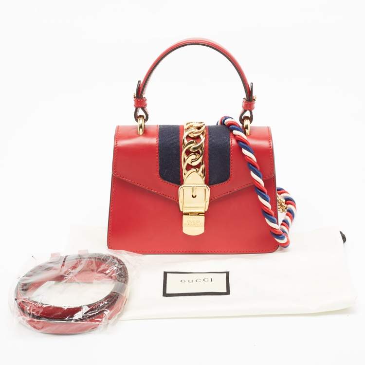 Pre Owned Gucci Red Leather Mini Web Chain Sylvie Top Handle Bag