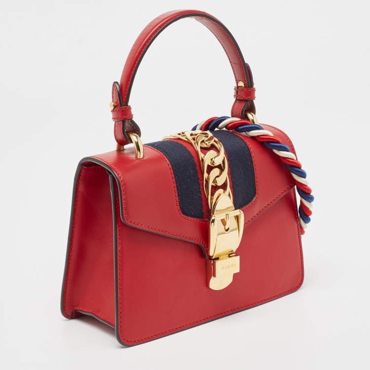 Pre Owned Gucci Red Leather Mini Web Chain Sylvie Top Handle Bag