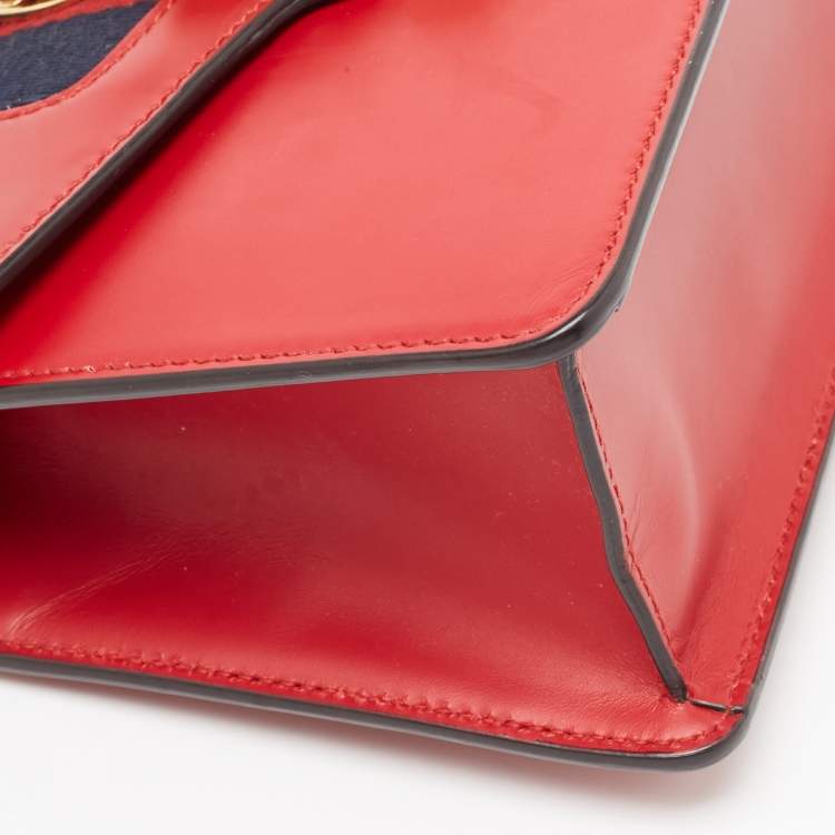 Pre Owned Gucci Red Leather Mini Web Chain Sylvie Top Handle Bag