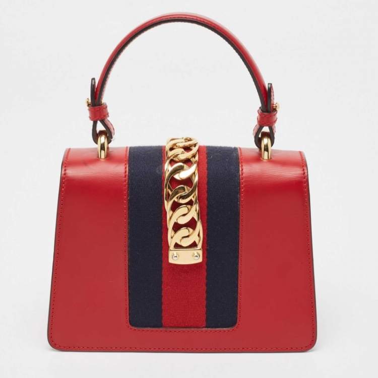 Pre Owned Gucci Red Leather Mini Web Chain Sylvie Top Handle Bag