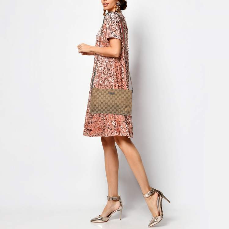 Pre Owned Gucci Beige GG Canvas and Leather Crossbody Bag
