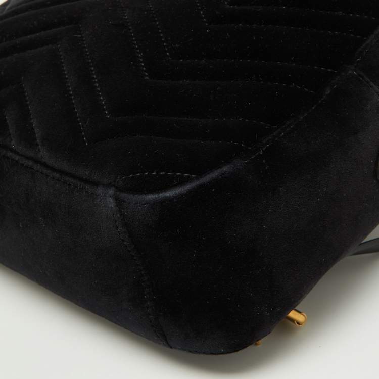 Pre Owned Gucci Black Matelassé Velvet and Leather GG Marmont Backpack
