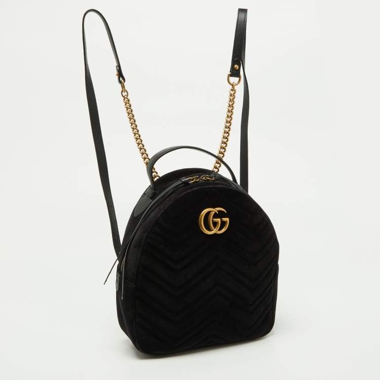 Pre Owned Gucci Black Matelassé Velvet and Leather GG Marmont Backpack