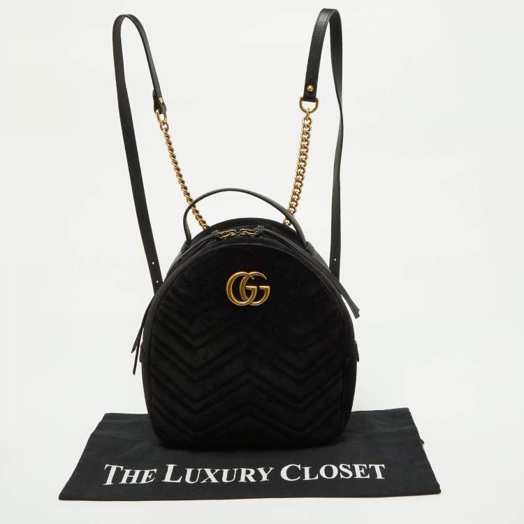 Pre Owned Gucci Black Matelassé Velvet and Leather GG Marmont Backpack