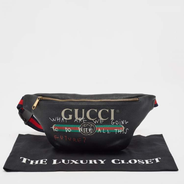 Pre Owned Gucci Black Pebbled Leather Logo Web Belt Bag