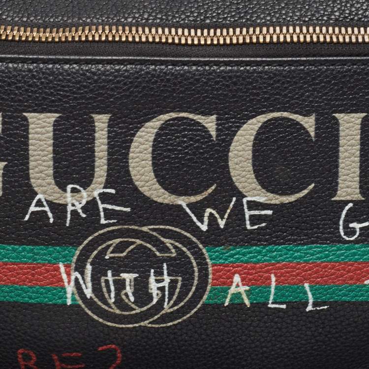 Pre Owned Gucci Black Pebbled Leather Logo Web Belt Bag