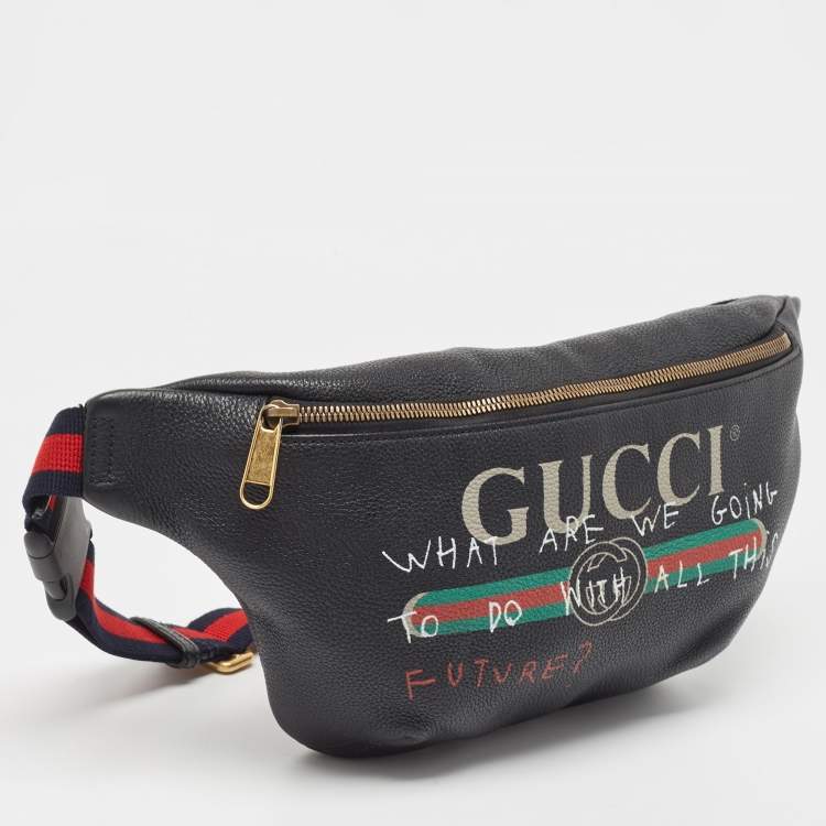 Pre Owned Gucci Black Pebbled Leather Logo Web Belt Bag