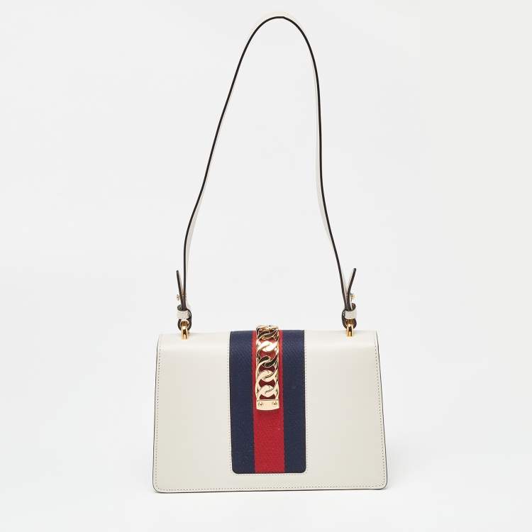 Pre Owned Gucci Off White Leather Small Web Sylvie Shoulder Bag