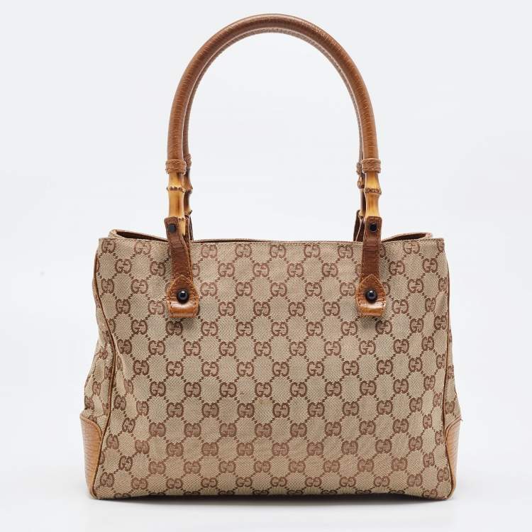 Pre Owned Gucci Brown/Beige GG Canvas And Leather Bamboo Tote