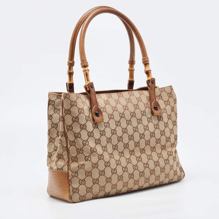 Pre Owned Gucci Brown/Beige GG Canvas And Leather Bamboo Tote