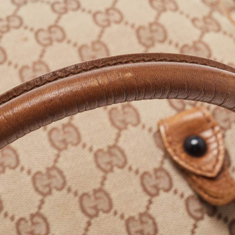Pre Owned Gucci Brown/Beige GG Canvas And Leather Bamboo Tote