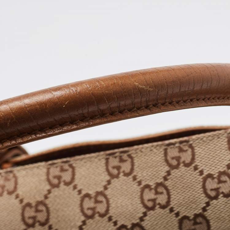 Pre Owned Gucci Brown/Beige GG Canvas And Leather Bamboo Tote