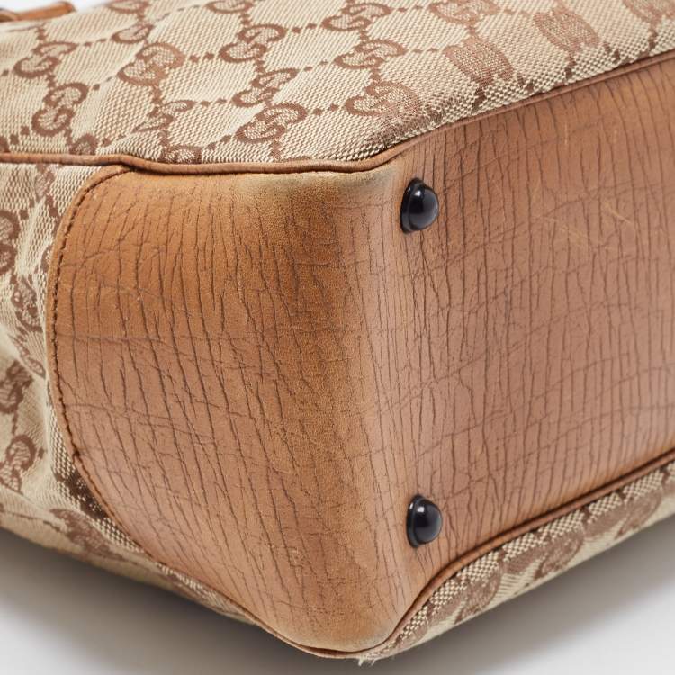 Pre Owned Gucci Brown/Beige GG Canvas And Leather Bamboo Tote