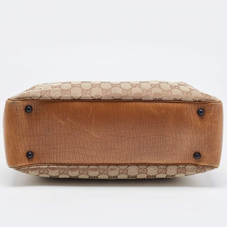 Pre Owned Gucci Brown/Beige GG Canvas And Leather Bamboo Tote