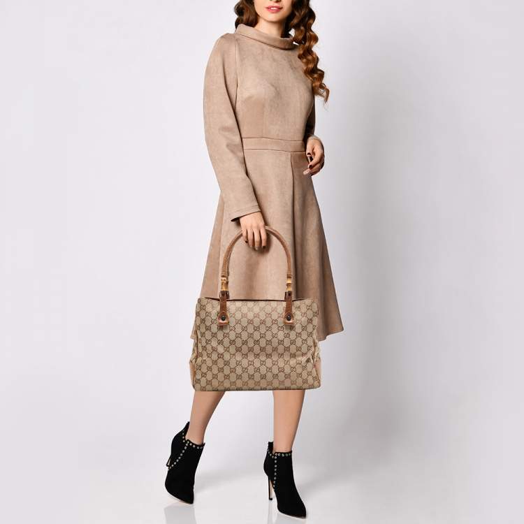 Pre Owned Gucci Brown/Beige GG Canvas And Leather Bamboo Tote