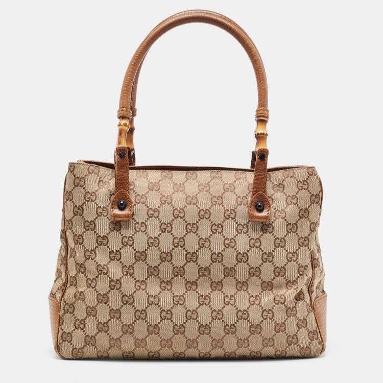 Pre Owned Gucci Brown/Beige GG Canvas And Leather Bamboo Tote