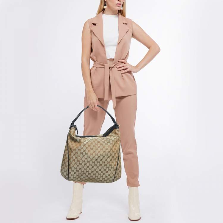 Pre Owned Gucci Beige/Black GG Canvas and Leather Hobo