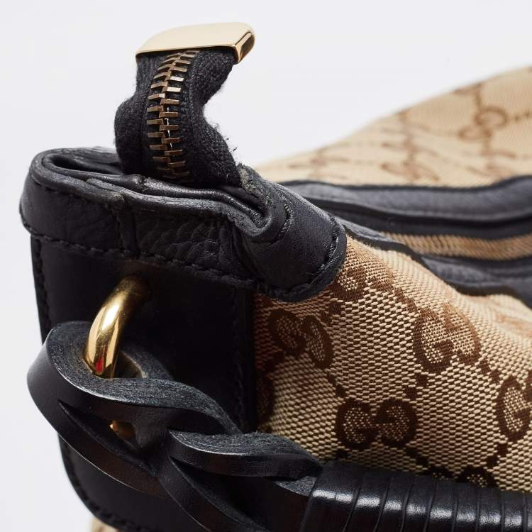 Pre Owned Gucci Beige/Black GG Canvas and Leather Hobo