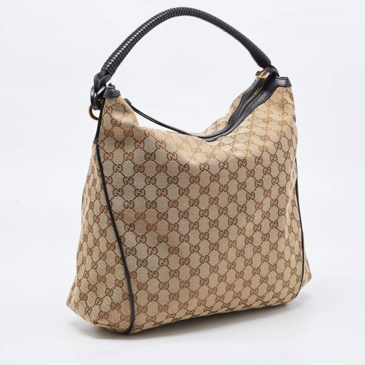 Pre Owned Gucci Beige/Black GG Canvas and Leather Hobo