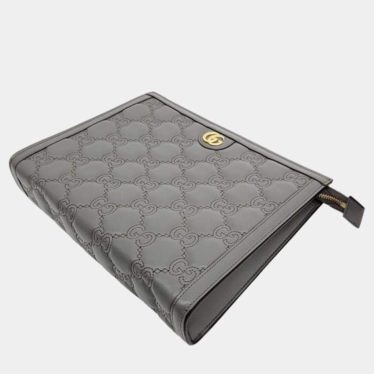 Pre Owned Gucci Grey Leather GG Clutch 