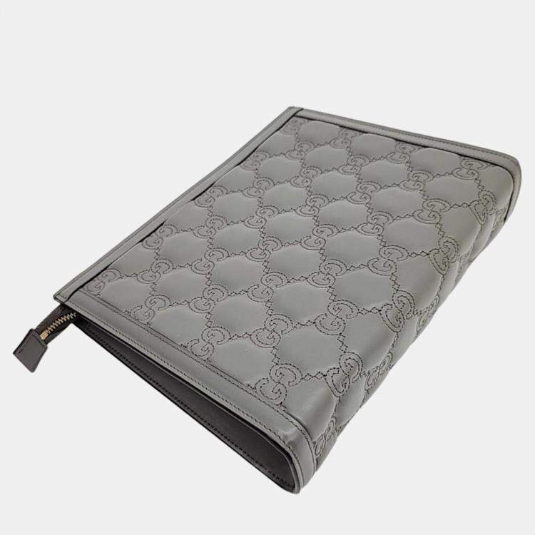 Pre Owned Gucci Grey Leather GG Clutch 