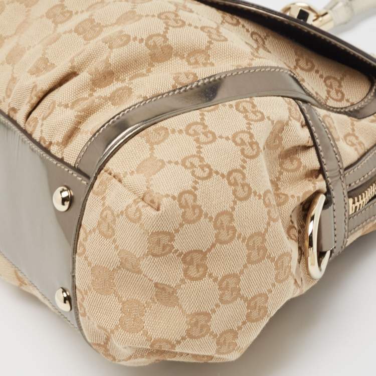 Pre Owned Gucci Beige/Metallic GG Canvas and Leather Pop Bamboo Top Handle Bag