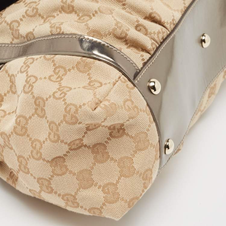 Pre Owned Gucci Beige/Metallic GG Canvas and Leather Pop Bamboo Top Handle Bag