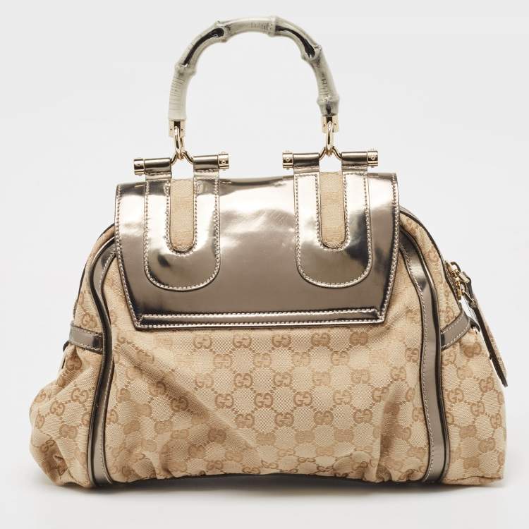 Pre Owned Gucci Beige/Metallic GG Canvas and Leather Pop Bamboo Top Handle Bag