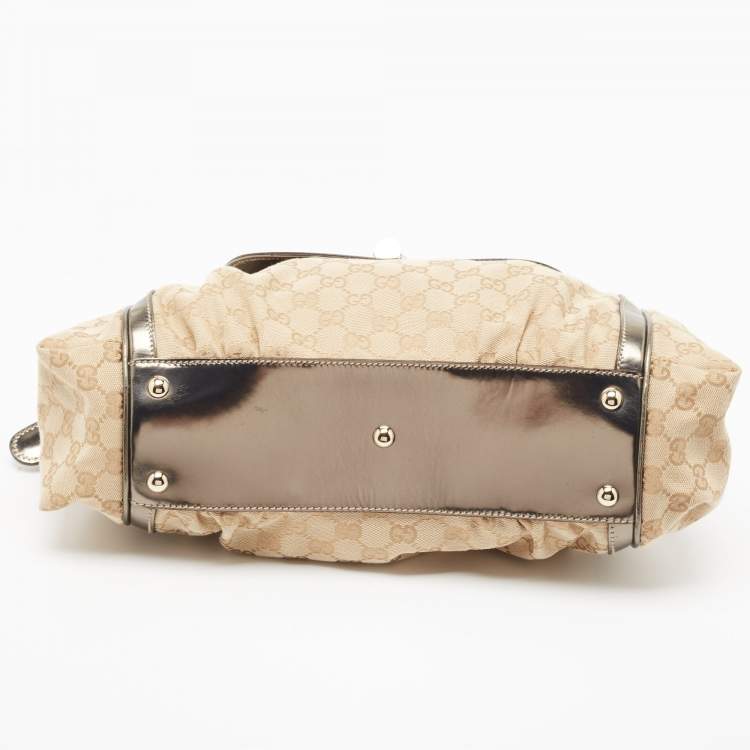 Pre Owned Gucci Beige/Metallic GG Canvas and Leather Pop Bamboo Top Handle Bag