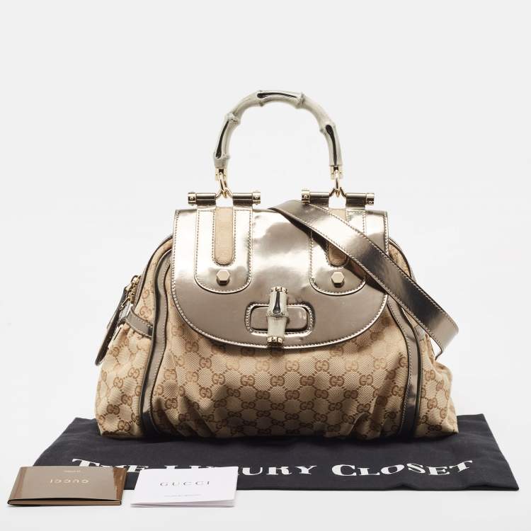 Pre Owned Gucci Beige/Metallic GG Canvas and Leather Pop Bamboo Top Handle Bag