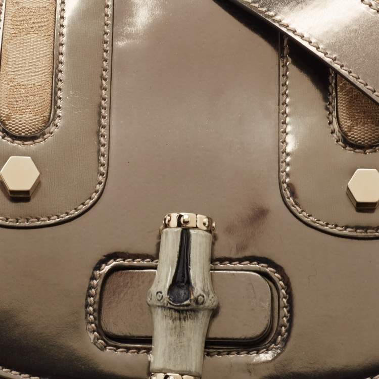 Pre Owned Gucci Beige/Metallic GG Canvas and Leather Pop Bamboo Top Handle Bag