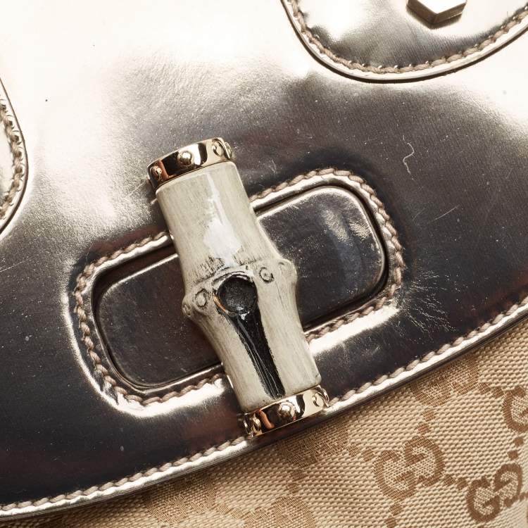 Pre Owned Gucci Beige/Metallic GG Canvas and Leather Pop Bamboo Top Handle Bag