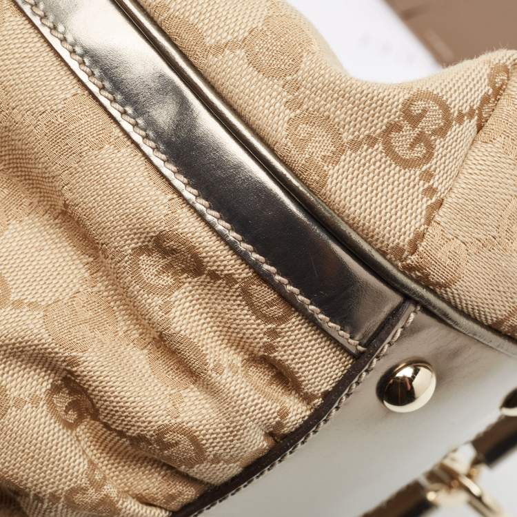Pre Owned Gucci Beige/Metallic GG Canvas and Leather Pop Bamboo Top Handle Bag