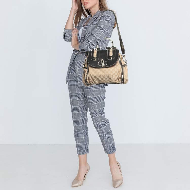 Pre Owned Gucci Beige/Metallic GG Canvas and Leather Pop Bamboo Top Handle Bag