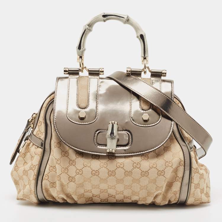 Pre Owned Gucci Beige/Metallic GG Canvas and Leather Pop Bamboo Top Handle Bag