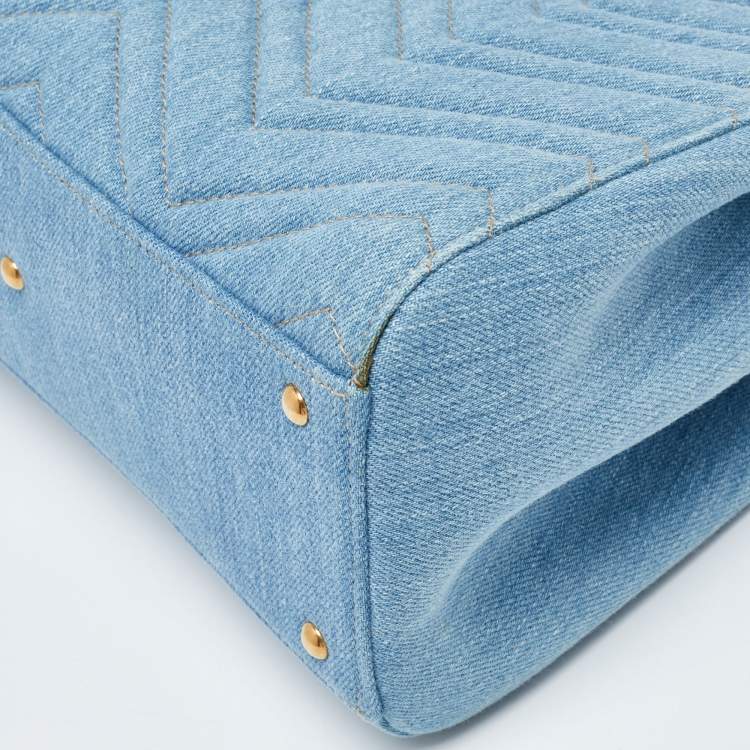 مملوكة مسبقًا Gucci Blue Matelassé Denim and Leather Small GG Marmont Tote