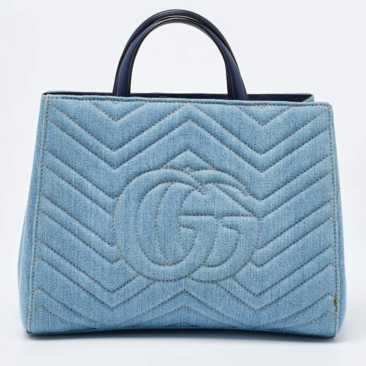 مملوكة مسبقًا Gucci Blue Matelassé Denim and Leather Small GG Marmont Tote