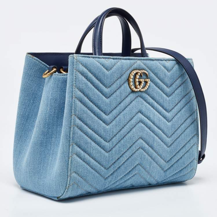 مملوكة مسبقًا Gucci Blue Matelassé Denim and Leather Small GG Marmont Tote