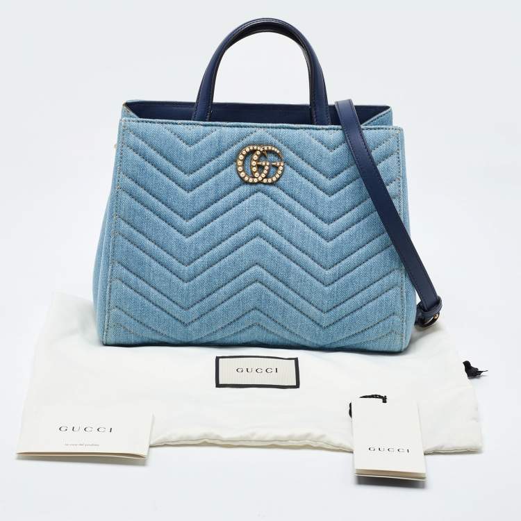 مملوكة مسبقًا Gucci Blue Matelassé Denim and Leather Small GG Marmont Tote