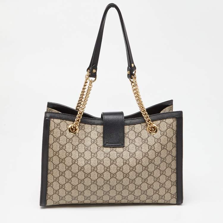 Pre Owned Gucci Beige/Black GG Supreme Canvas and Leather Medium Padlock Tote