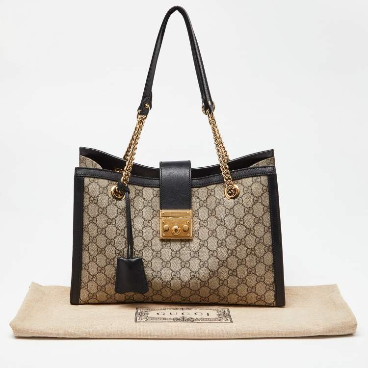 Pre Owned Gucci Beige/Black GG Supreme Canvas and Leather Medium Padlock Tote